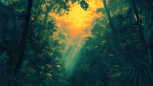 Mystical Forest Sanctuary Bathed in Golden Sunlight