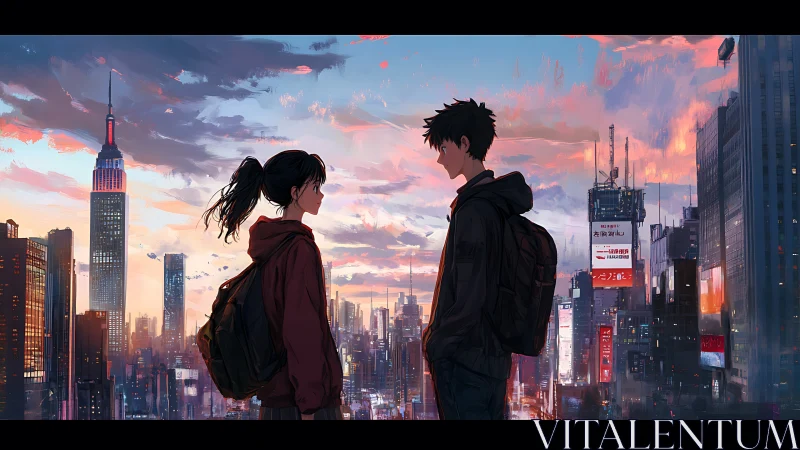 Sunset meeting between travelers above neon cityscape.