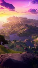 Epic Fantasy Landscape: Magenta Sunset Over Archipelago Village Valley