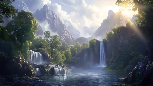 Sunlit cascade valley where mist and mountains whisper.