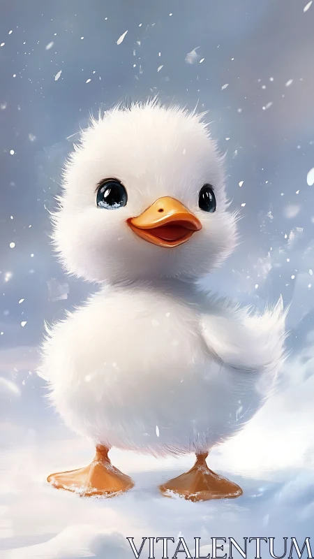Fluffy White Duckling with Orange Beak in Winter Snowfall Rendering