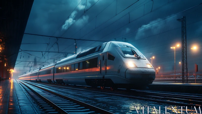 High speed train at night station in heavy rainstorm.