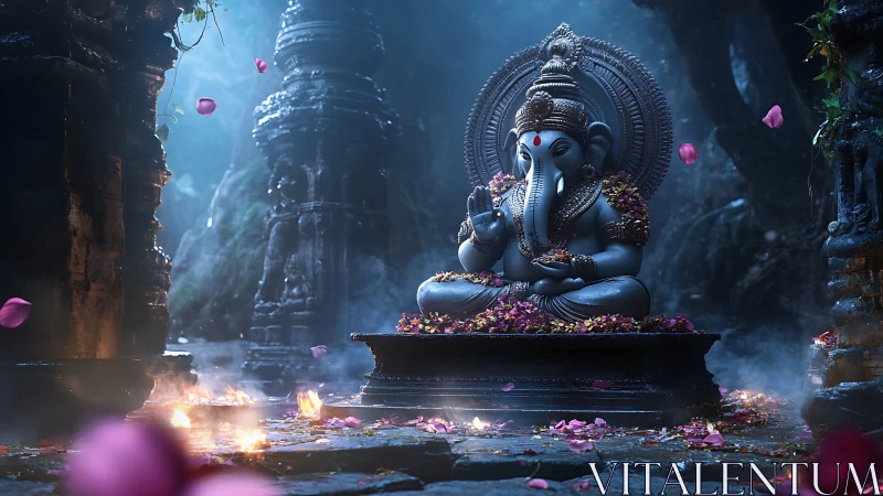 Ganesh idol in misty stone shrine with cinematic petals.