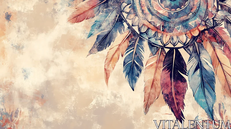 Partial circular motif with multicolored feather elements.