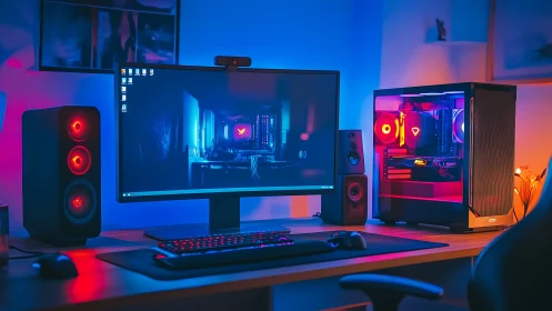 RGB-lit gaming PC setup shows ultrawide monitor and speakers