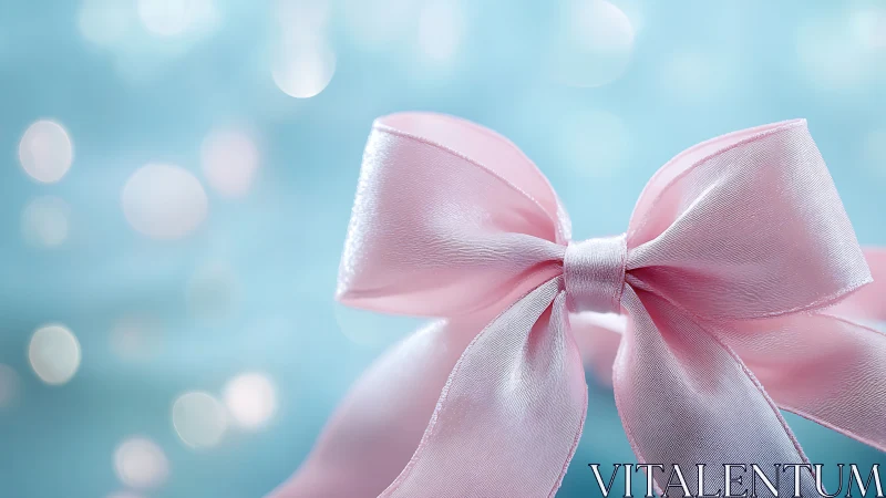Pink ribbon bow on blue background with bokeh effects