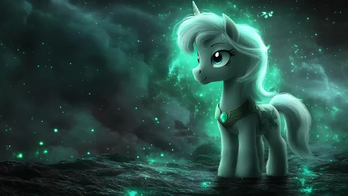 Luminescent unicorn pony in emerald cosmic fantasy tableau.