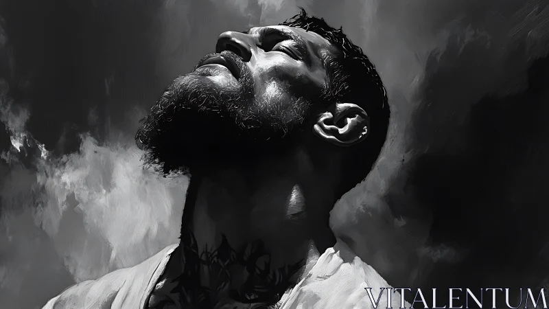 Stormlit resolve crowns a bearded fighter in monochrome grace.