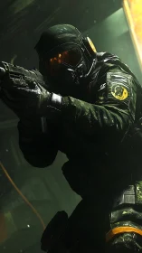 Tactical operator in low-key lighting advances with rifle ready