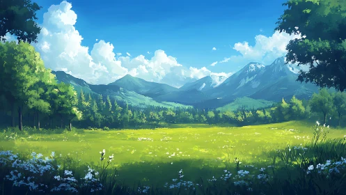 Digital landscape shows open meadow with distant mountain range