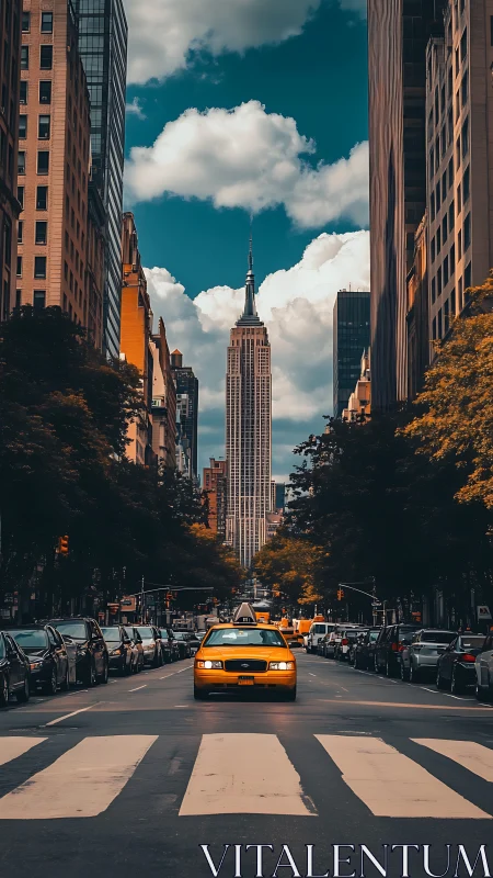 Yellow taxi drives toward Empire State Building on city street