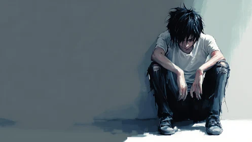 Shadowed boy sinks into urban silence and painted gloom.