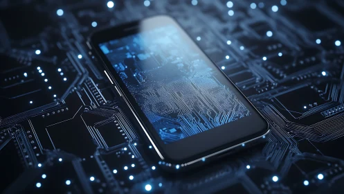 Smartphone on glowing circuit board surface, digital tech focus.