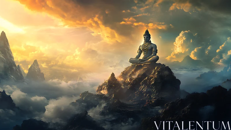 Serene deity statue overlooks luminous mountain clouds at dusk.