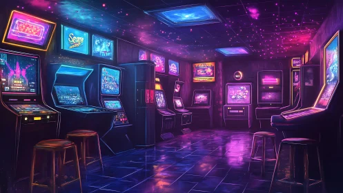 Neon-lit retro arcade glows under a dreamy starry ceiling.