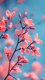 Coral Pink Cherry Blossoms with Selective Focus Against Cyan Blue Gradient Background