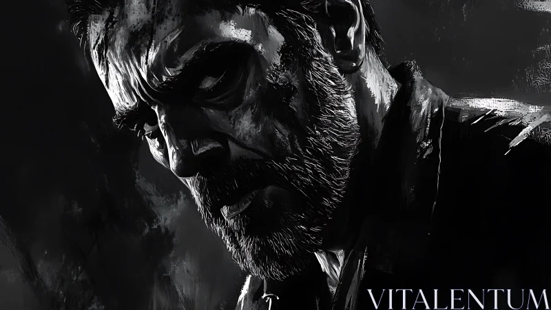 Stormlit brooding face carved from midnight brushstrokes.