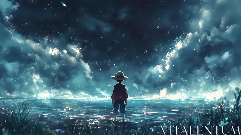 Lone straw‑hat silhouette surveying luminescent storm horizon.