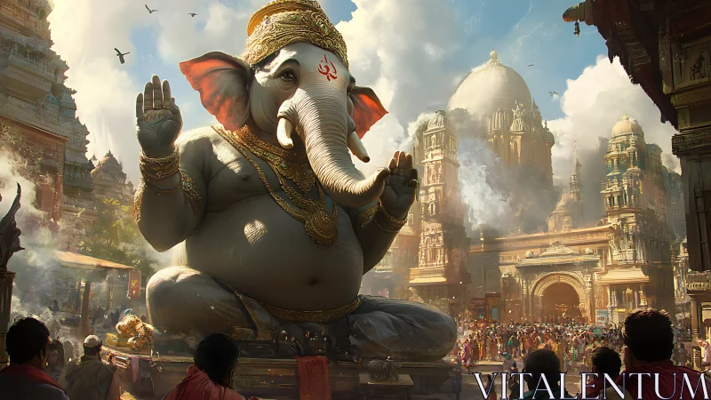 Colossal Ganesha statue dominates temple plaza in golden haze