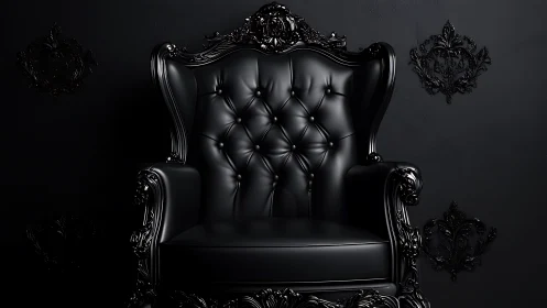 Regal black leather throne dominates a dark baroque interior