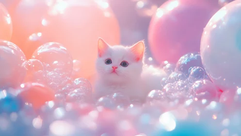 White Cat Surrounded by Translucent Spheres in Pastel Environment
