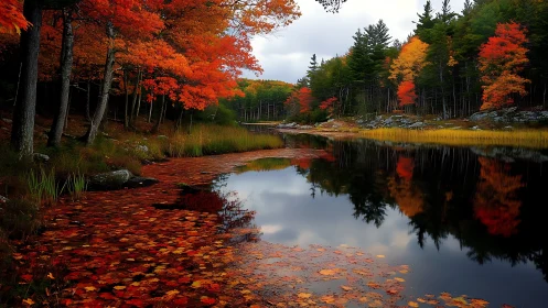 Autumn riparian forest reflection with saturated chromatic foliage.