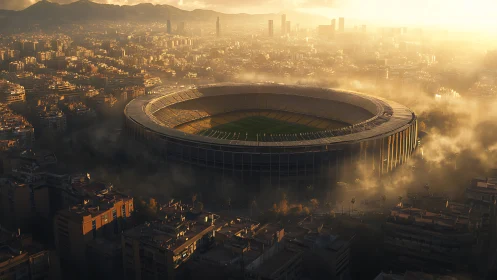 Golden morning calm over a mist-wrapped city stadium.