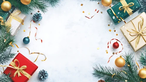 Rectangular frame of Christmas gifts and ornaments surrounds space