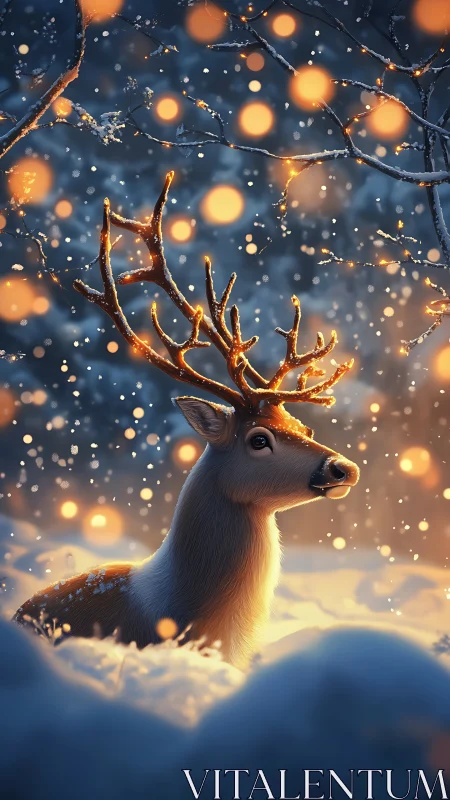 Winter stag portrait with glowing bokeh and falling snow