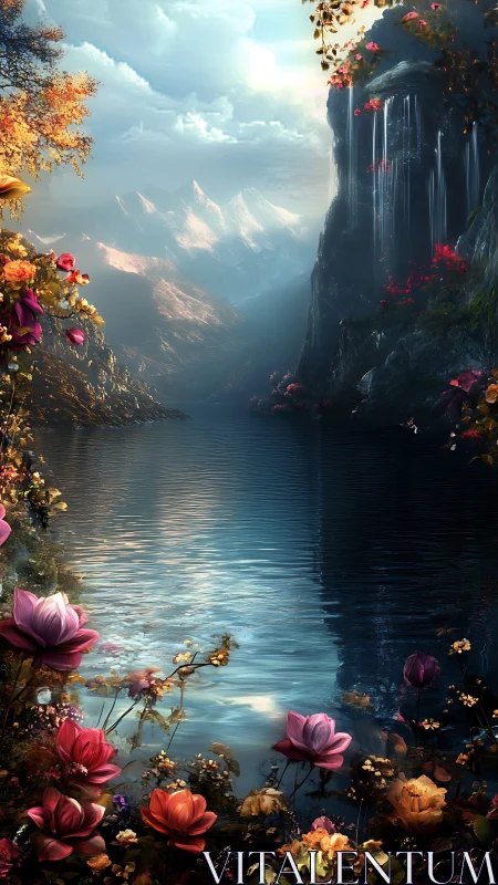 Fantasy mountain lake with flowers and cascading waterfall.