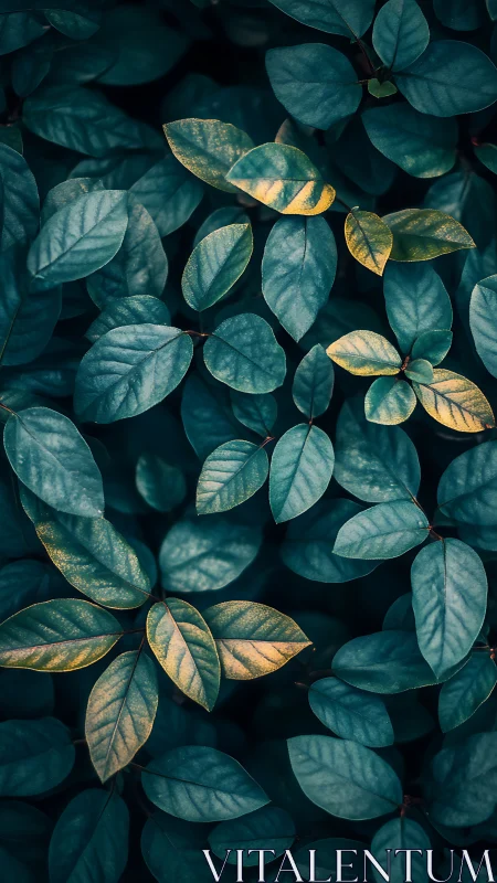 Midnight garden leaves with golden whispers of fading light.