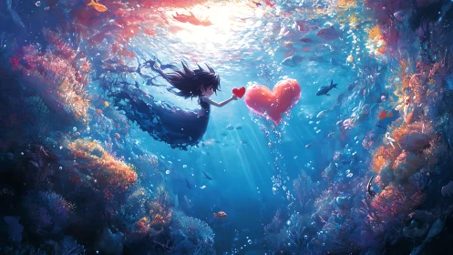 Underwater Quest: Figure Pursuing Luminous Heart Through Coral Sanctuary.