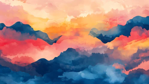 Sunset clouds melt across abstract mountain horizon.