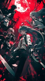 Blade-wielding anime squad confronts blood-red moon sky