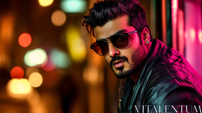 Neon‑lit portrait captures a confident man in urban night glow