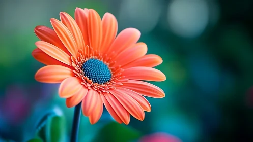 Coral Gerbera Daisy with Blue Disc Florets Against Bokeh Background