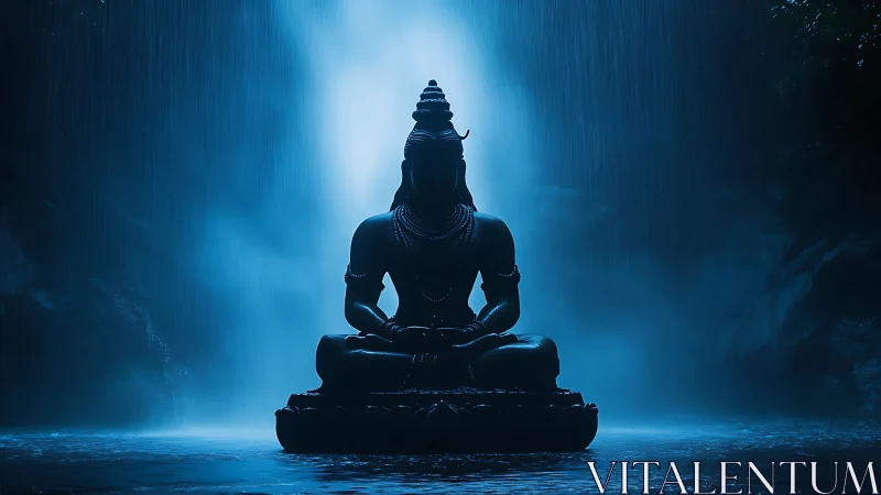 Photorealistic Shiva silhouette under cascading blue waterfall.