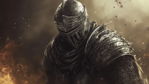 Armored knight emerges through embers in cinematic backlight.