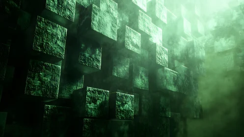 Green Textured Cubes Floating in Abstract Digital Mist.