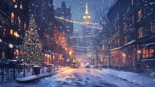 Snowy city street wrapped in cozy holiday lights at dusk.