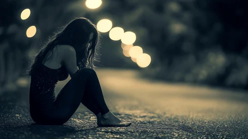 Solitary figure sits on roadway with defocused streetlights behind