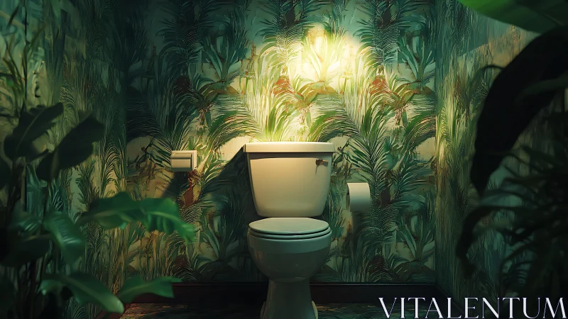 Tropical powder room toilet glows under lush jungle lighting