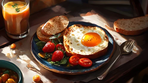 Sunny side up breakfast glows in warm painterly light