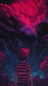 Young stargazer watches a swirling pink cosmic storm overhead
