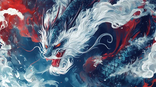 Stormbound azure dragon surges through turbulent chromatic mist