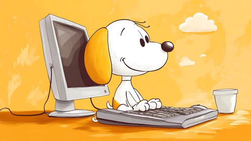 Keyboard-happy cartoon pup codes clouds on citrus skies