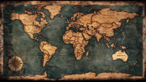 Weathered world map invites gentle journeys across oceans