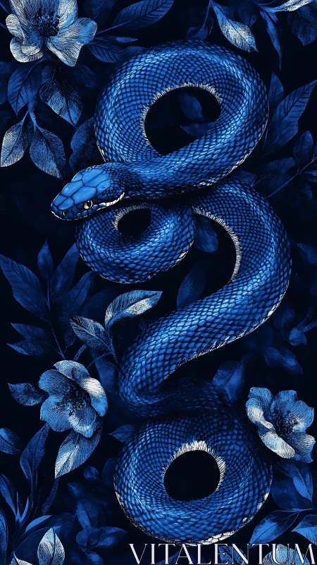 Coiled blue serpent intertwines with botanicals in high contrast