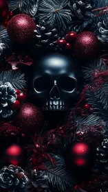 Black skull rests amid dark red gothic Christmas wreath