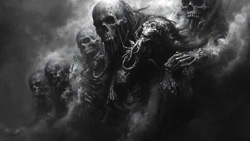 Skeletal wraiths emerging from swirling monochrome fog.